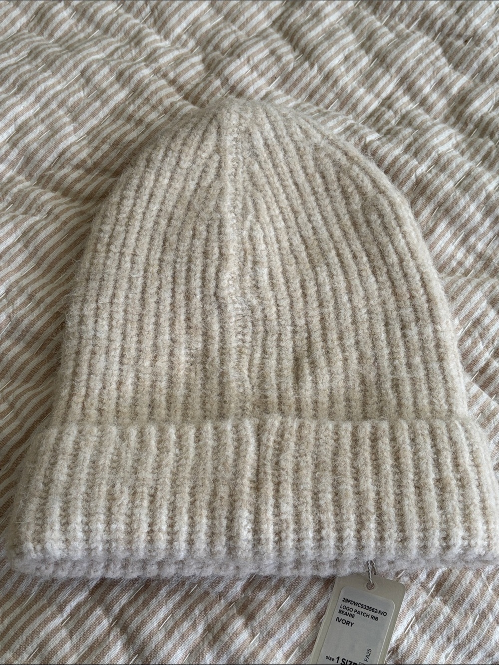 NWT Favorite Daughter The Logo Patch Ribbed Knit Cuff Beanie - Beige Ivory cream - Picture 6 of 6